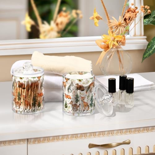 2 Pack Qtip Holder Organizer Dispenser Woodland Animals Trees Bathroom Storage Canister Cotton Ball Holder Container for Cotton Pads (2 Count)