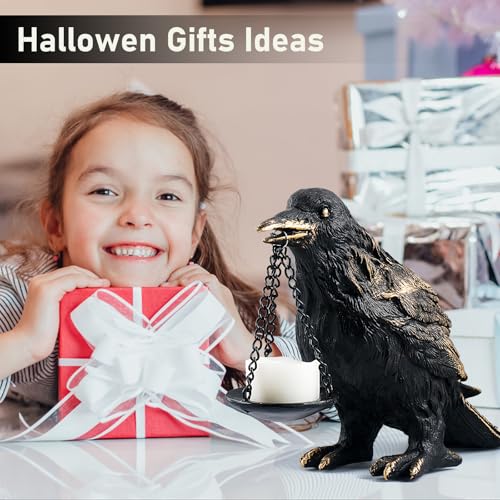 Raven Gothic Home Decor Fake Crow Light Holder Raven Lamp Tealight Candle Holder Resin Raven Statue Wearing Gold 2PCS (2 Count)