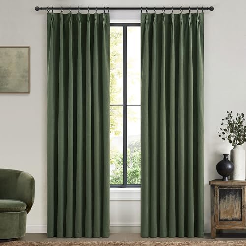 Dark Academia Decor Olive Green Textured Blackout Curtains Panels 108 Inches Lengh Large Window Extra Long Luxury Curtains for Living Room Flax Linen Drapes Pinch Pleated (2 Count)