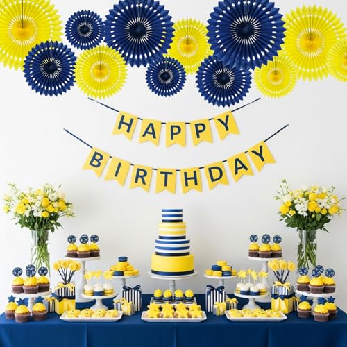 Honeycomb Round Paper Fans Blue Yellow Hanging Party Decoration (12 Count)