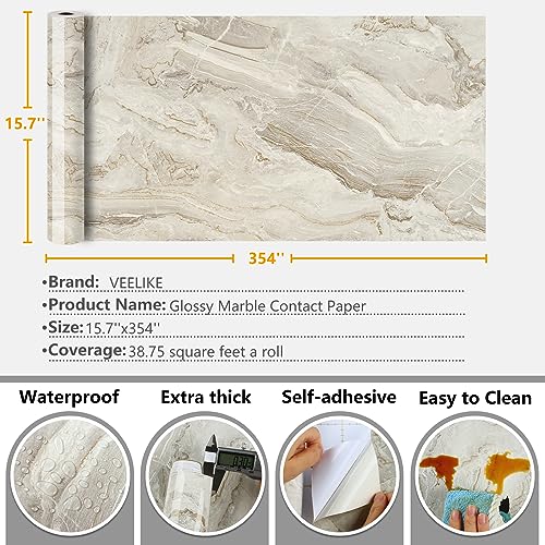 Glossy Beige Gold Liquid Marble Contact Paper for Countertops Waterproof Peel and Stick Countertops for Kitchen Marble Wallpaper 15.7''x354'' Self Adhesive Countertop Vinyl for Bathroom Walls (38.75 Sq Ft)