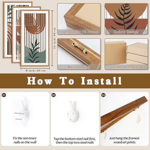 Boho Wood Wall Art Framed 8x16 Inch Set of 3 Mid