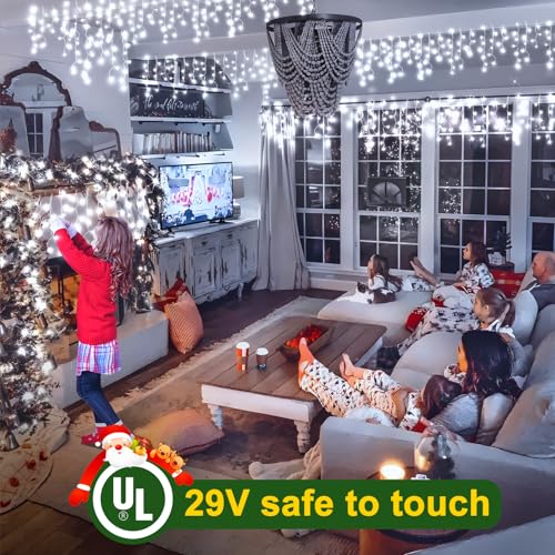 99FT 1216 LED Christmas Lights Outdoor Decorations 8 Modes White Curtain String Light with 228 Drops (99 Foot)