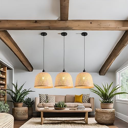3 Pack Bamboo Pendant Light Mini Rattan Chandelier