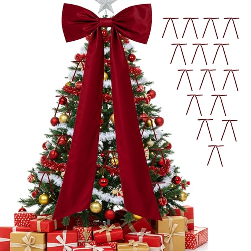 79 x 28 Inch Large Wine Red Bow Christmas Tree Topper with 30 Small Bows