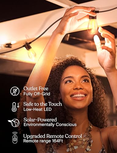 104 (52x2) FT Ambience Pro Solar Powered Outdoor LED String Lights - Waterproof Remote Control Lights - 32 Bulbs, 7W Solar Powered Soft White Light for Camping, Patio, Garden (104 Foot)