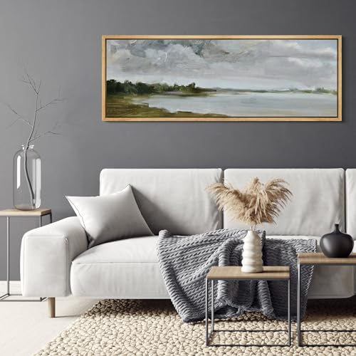 Large Framed Canvas Print Wall Art Tranquil Landscape Soft Brushstroke Lake Scene Illustrations Antique Retro Fine Art Illustrations Decorative Colorful for Bedroom