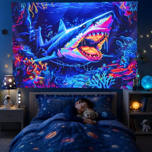 Blacklight Tapestry Ocean Shark UV Backdrop 78 x 59 Inch