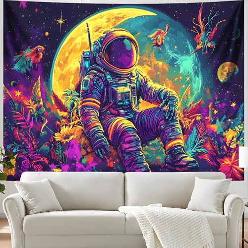 Blacklight Space Astronaut Tapestry UV Reactive Galaxy Planet Glow in Dark Tapestries Black Light Poster Neon Wall Hanging Art for bedroom Living Room