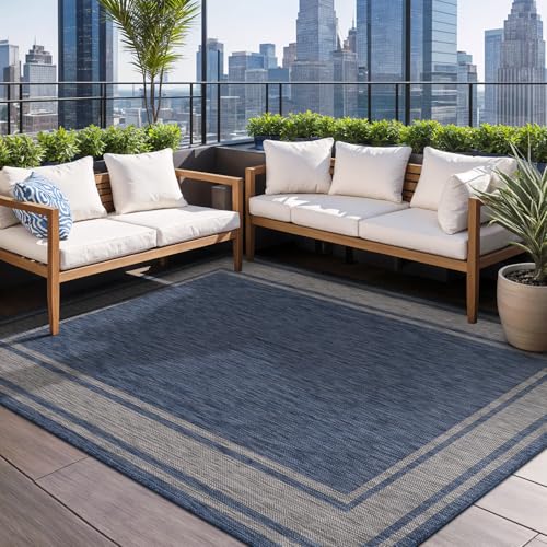 Large Outdoor Rug 10x14 Modern Bordered Area Rugs for Indoor and Outdoor Patio Deck Porch Garden Waterproof Weather Sun Resistant Washable Outside Carpet (140 Sq Ft)