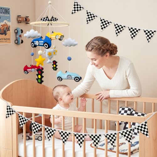 Race Car Baby Crib Mobile with 11 ft Pennant Banner Flags Handmade