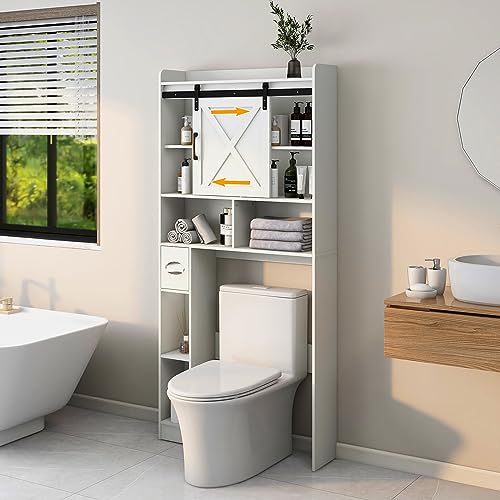 Over The Toilet Storage Cabinet with Sliding Barn Door. White