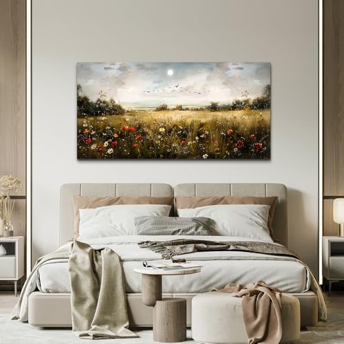 Wall Decor For Living Room Canvas Wall Art For Bedroom Wildflower Field Vintage Wall Art Canvas Prints Paintings Farmhouse Artworks Pictures Modern Bathroom Aesthetic Home Wall Decor 40"X20"