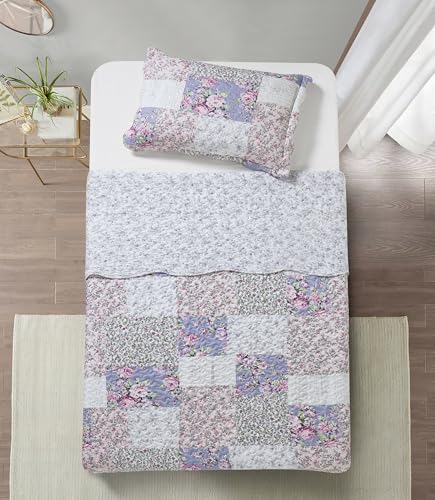 Blue & Pink Roses Toile Lively Patchwork Quilt Set