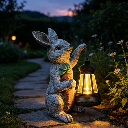 Solar Rabbit Garden Statue with Lantern Bunny & Carrot
