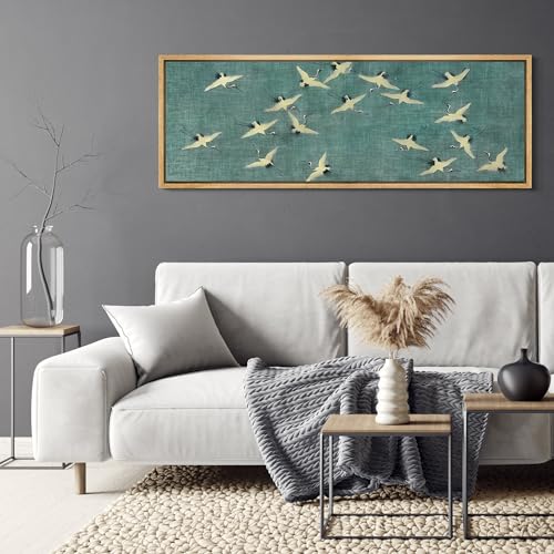 Large Framed Canvas Print Wall Art Serene Skies White Birds in Flight on Teal Antique Retro Fine Art Illustrations Decorative Colorful for Bedroom