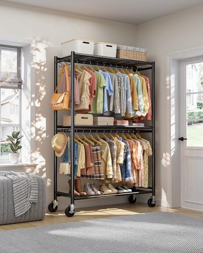 Clothes Rack Double Hanging Rod Clothing Rack with Wheels & Leveling Feet