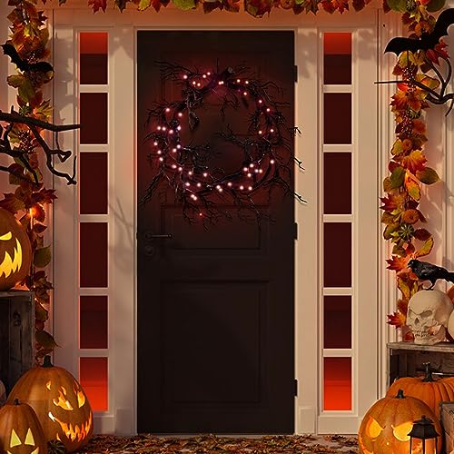 Halloween Black Branch Wreath Signs for Front Door with Red Lights