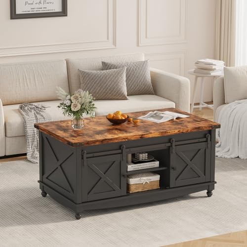 48" Farmhouse Lift Top Coffee Table with Storage Sliding Barn Door & Large Hidden Compartment