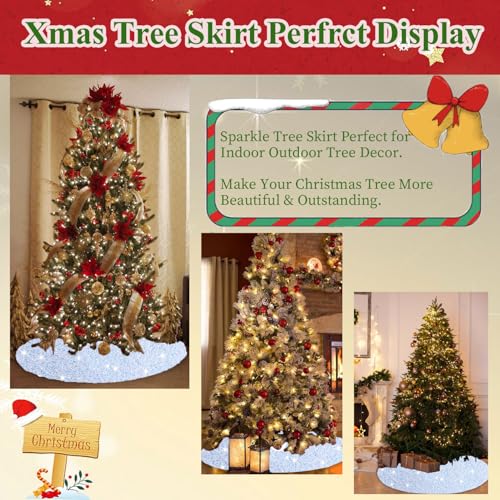 Iridescent White Christmas Tree Skirt Mini 21 Inch Sequins Tree Skirt Sparkle Velvet Xmas Tree Mat Glitter Tree Skirts for Artificial Trees Mermaid Tree Collar Skirt for Christmas Party