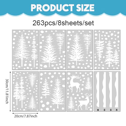 Christmas Window Clings for Glass 8 Sheet Xmas Tree Window Decals with Reindeer Designs White Window Stickers Winter Windows Cling for Party Supplies Home School Office Glass Decorations (8 Count)