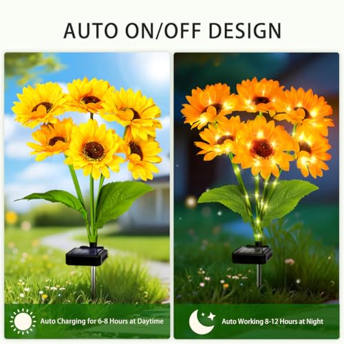 Solar Sunflower Lights 2 Pack with 12 Sunflower Solar Lights Outdoor Garden Decor Birthday Gift for Mom Women Grandma (12 Count)