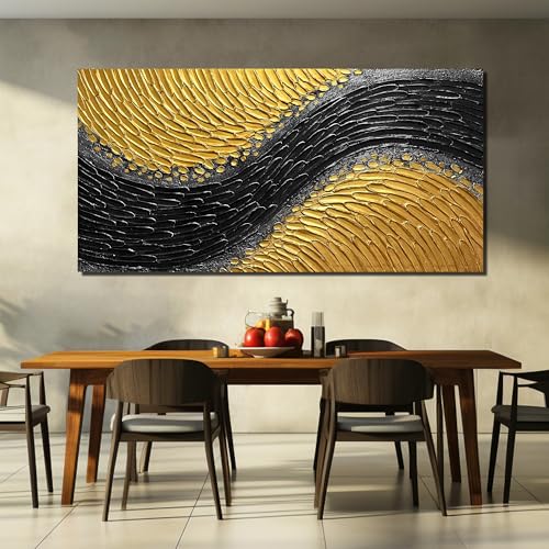 Black and Gold Abstract Painting Wall Decor for Living Room Modern 3D Hand Painted Wall Art for Office Extra Large Wall Art Bedroom Size 36 x 72 Inch