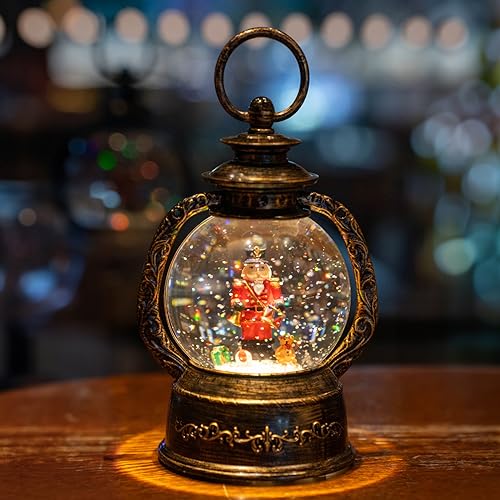 Christmas Snow Globe Lantern Water Glittering Nutcracker with Music & Timer