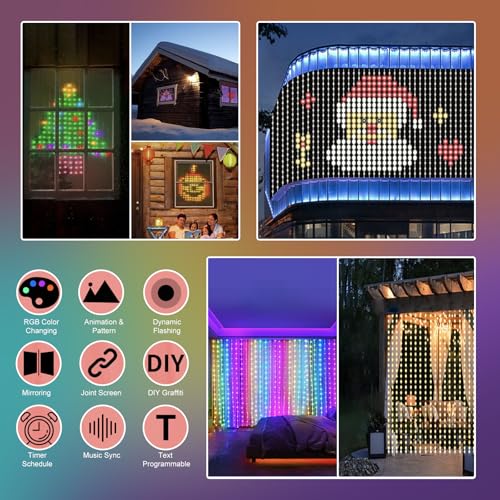 Smart Animated Curtain String Lights Remote APP Control 6.6 x 6.6Ft 400LED RGB Color Changing Waterproof DIY Hanging Window Fairy Light Programmable Music Sync for Christmas