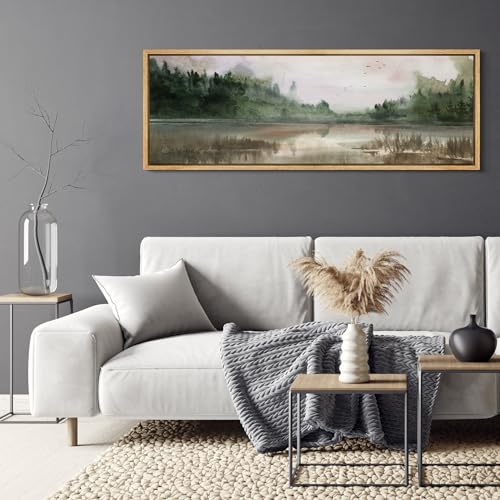 Large Framed Canvas Print Wall Art Tranquil Lake Reflections Nature Landscape Illustrations Antique Retro Fine Art Illustrations Decorative Colorful for Bedroom
