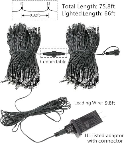 75.8FT 200 LED Extendable Red White Christmas String Lights Indoor Outdoor