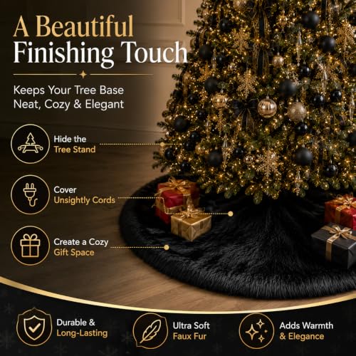 72 Inch Faux Fur Christmas Tree Skirt Black Plush Skirt for Merry Christmas Party Christmas Tree Decoration