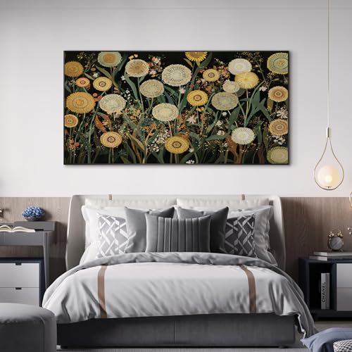 24"x46" Extra Large Framed Wall Art Whimsical Dandelion Field in Yellow and Green