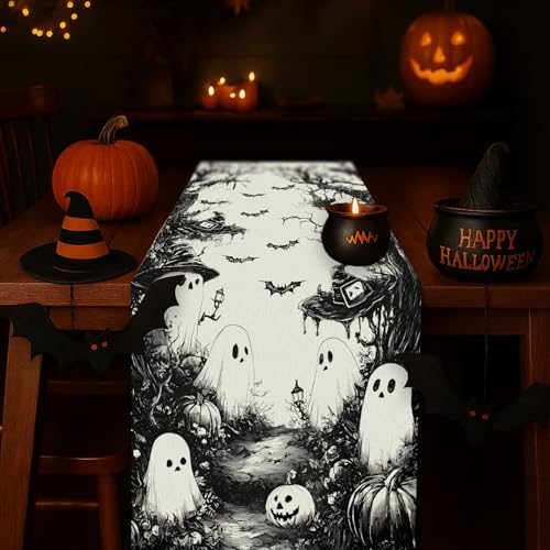 Halloween Table Runner Black Ghost Holiday Burlap Table Decoration Indoor Outdoor Home Decor Party Supply 13 x 108 Inch