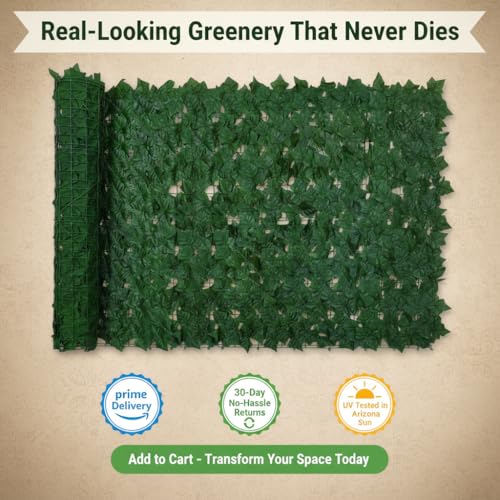 Faux Ivy Privacy Fence Screen Outdoor Expandable Artificial Greenery Roll Fake Hedge Wall Patio Green Plastic Leaf Plant Vine Grass Panels Gate Covering for Garden Yard Balcony (87 Sq Ft)