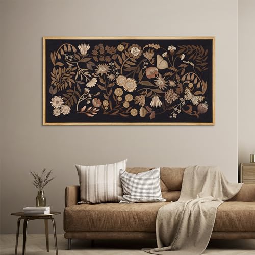 Extra Large Framed Canvas Print Wall Art Botanical Elegance Dark Floral Illustrations Antique Retro Fine Art Illustrations Decorative Colorful for Bedroom