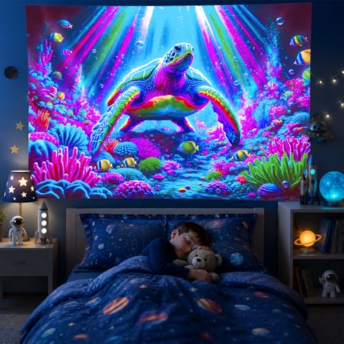 Blacklight Tapestry Sea Turtle Neon Wall Art 78 x 59 Inch