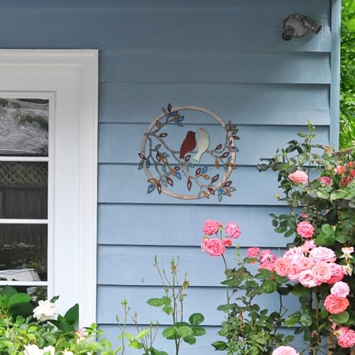 Metal Wall Art Bird on Tree Branch Silhouette Bird Hanging Ornament Porch Wall Decor for Living Room Outdoor Garden Bedroom Office Housewarming Party Decoration