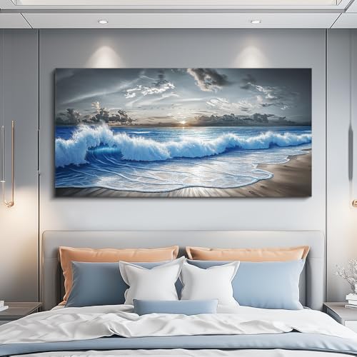 Large Canvas Wall Decor For Living Room Wall Art For Bedroom Office Dining room Decor Modern Black White And Blue Ocean Wave Painting Printed Artworks Wall Pictures Home Decor 24"X48"