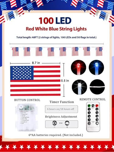 4th of July Lights 2PK Red White and Blue Battery String Lights with Flags (2 Count)