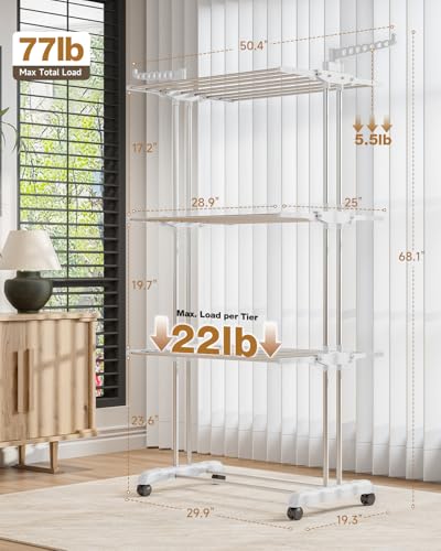Clothes Drying Rack Folding with Wheels Drying Rack Clothing Clothes Horses Rack Stainless Steel Laundry Drying Rack with Two Side Wings 4 Tier Grey White
