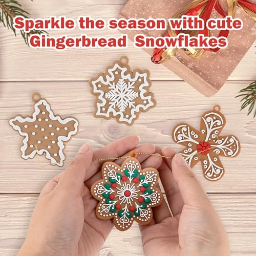 12Pcs Christmas Gingerbread Snowflake Ornaments for Tree Rustic Brown Silicone Christmas Ginger Bread Hanging Ornaments Pendants for Xmas Tree Winter Crafts Holiday Home Party Decor Indoor (12 Count)