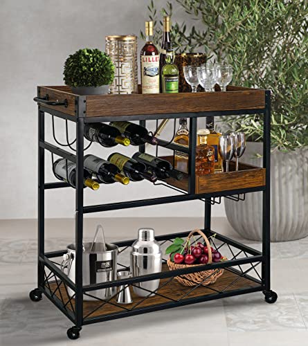 Bar Cart Industrial Mobile Kitchen Serving Carts for Home 3 Tier Storage Trolley with Wine Rack Glasses Holder Two Portable Trays Universal Casters with Brakes Rustic Rolling Cart for Indoor Outdoor