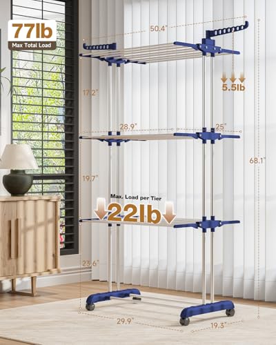 Clothes Drying Rack Folding with Wheels Drying Rack Clothing Clothes Horses Rack Stainless Steel Laundry Drying Rack with Two Side Wings 4 Tier Upgraded Grey Blue