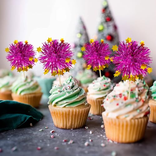 30Pcs Foil Firework Cupcake Toppers Party Birthday Cake Toppers Supplies Sparkle Tinsel Cocktail Fruit Toothpick for Birthday Wedding Graduation Party Purple (30 Count)