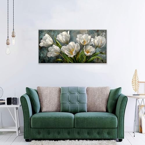 Canvas Wall Art Decor White Tulip Flower Canvas Art Wall Decor For Living Room Modern Floral Botanical Canvas Wall Art Prints Elegant Nature Flower Wall Art For Bedroom Home Office Wall Decor 20"×40"