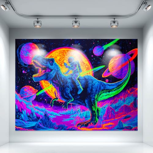 Blacklight Tapestry Dinosaur Astronaut Neon Decor 78 x 59 Inch