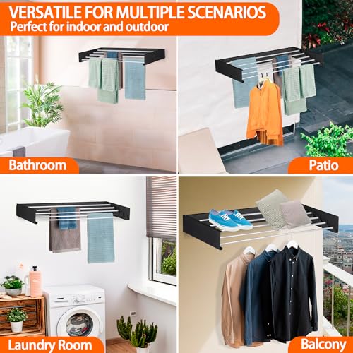 Laundry Drying Rack Wall Mounted Clothes Drying Rack Collapsible with 5 Aluminum Rods and Drilling Template Long Screwdriver Bit 60 lbs Capacity