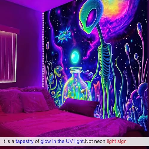 Blacklight Tapestry Alien UFO Wall Hanging 78 x 59 Inch