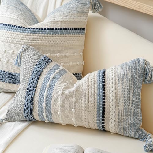 Coastal Blue Boho Decorative Throw Pillow Cover 22x22 Modern Bohemian Accent Pillow Case Square Woven Textured Farmhouse Pillows for Couch Bed